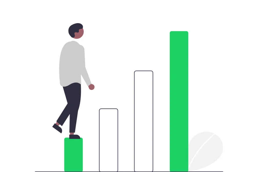 Illustration of a man stepping up from smaller bars to bigger bars on a bar chart